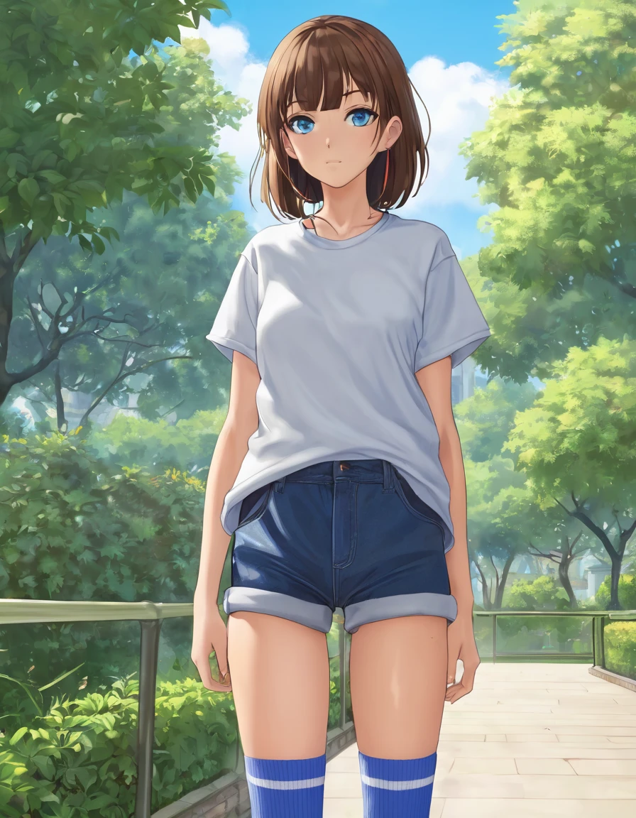 best quality, masterpiece, detailed,2d,flat color, 1girl,yo,petit,grin,camisole,denim shorts,socks,outdoor,small breasts,braid