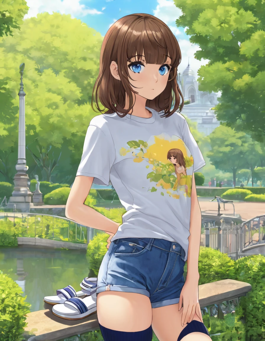 BREAK Perfect Anatomy、(High resolution:1.2)、Incredible illustrations、(Cute illustrations:1.2)、
(nsfw)(hip focus,) (Beautiful background(bushes in the park))
1girl((brown hair,asymmetric bangs, tanned skin: 1.3,blue eyes,fang)1girl((a girl,slender 1.7meters, 45kg, (( T-shirt, hot pants,thigh-high socks,
sandals),clothes lift T-shirt,bottomless,))(heavy breathing:1.3 ,vulgarity:1.6 ,pussy juice),open stance,