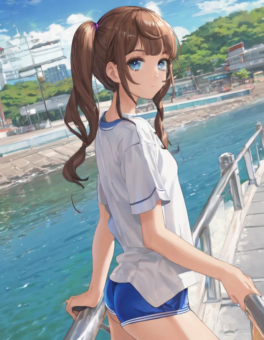 BREAK Perfect Anatomy、(High resolution:1.2)、Incredible illustrations、(Cute illustrations:1.2)、 (nsfw)(hip focus,from side ) (Beautiful background(breakwater,morning sun)) 1girl((brown hair,asymmetric bangs,twin tails, tanned skin: 1.3,blue eyes,fang)1girl((a girl,slender 1.7meters, 45kg, (( short T-shirt, hot pants,thigh-high socks, sandals),,cameltoe,))looking afar,open stance,beautiful ass