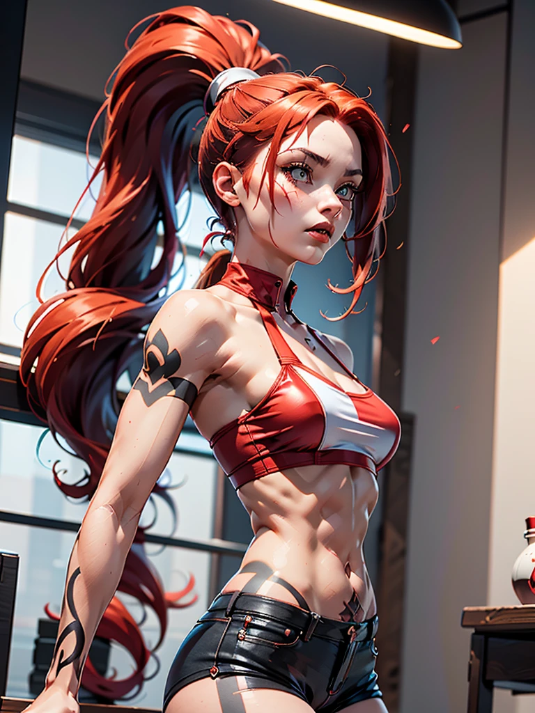 fullbody, Muscular Woman, Abs, (Long Red hair, Crimson Ponytail), dftattoo, facing camerac, score_9, score_8_up, score_8_up, Expressiveh. dynamic angle, low angle, motion lines, micro shorts, 