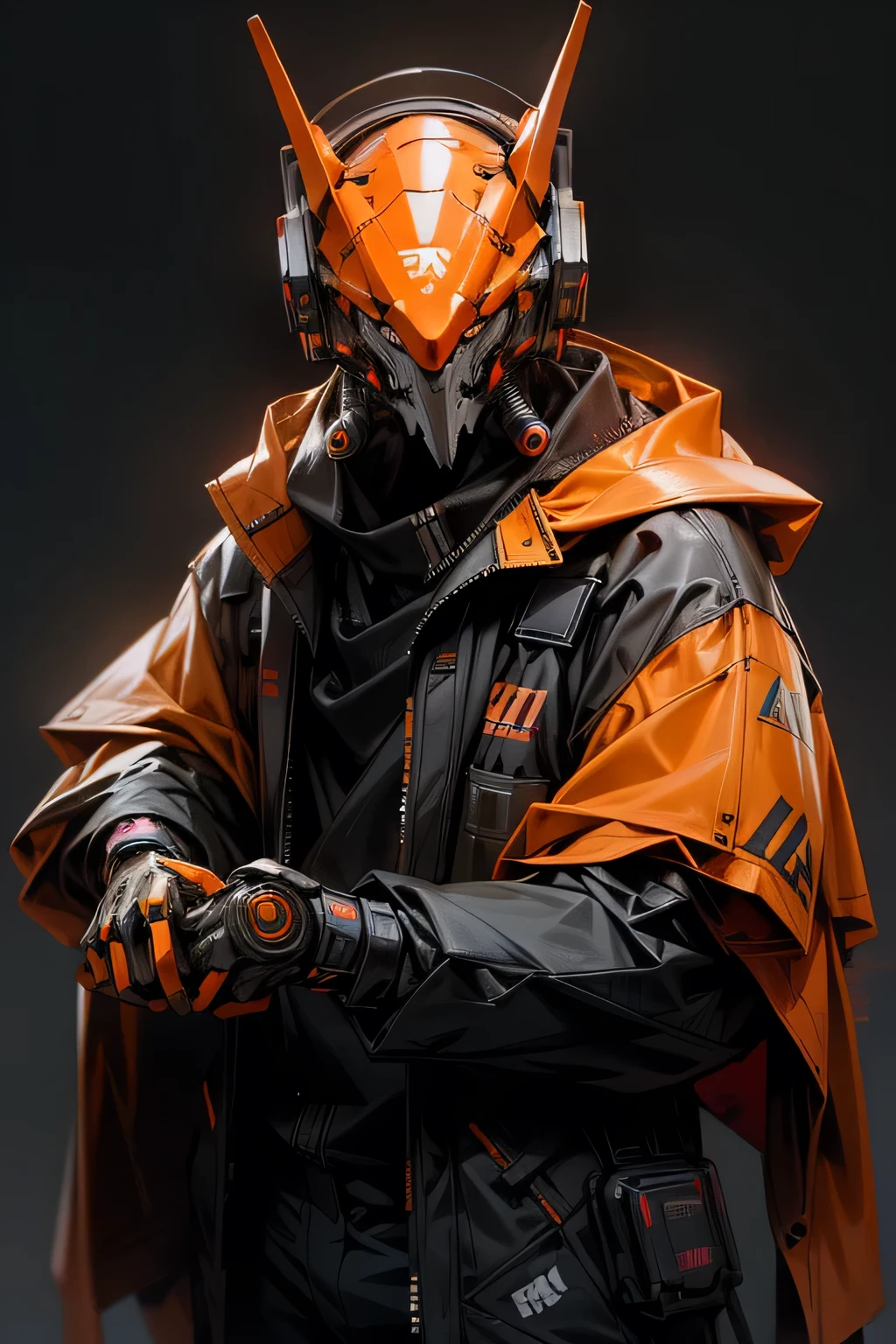 There is a robot made by router wearing a ghost mask and a orange hoodie,With a router in his hand, Hyper-realistic cyberpunk style,Digital cyberpunk anime style,orange colors