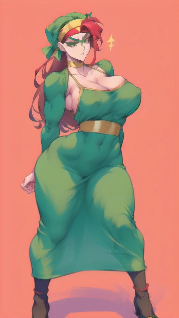 Full body image of Ogre Fiona from Shrek, full body in image, wearing her original outfit (green medieval dress with gold accents and a headband), long red hair tied back, female ogre body, curvy and strong body, dynamic pose, detailed pose, simple background, expressive face showing determination, focus on face, line art, sketch