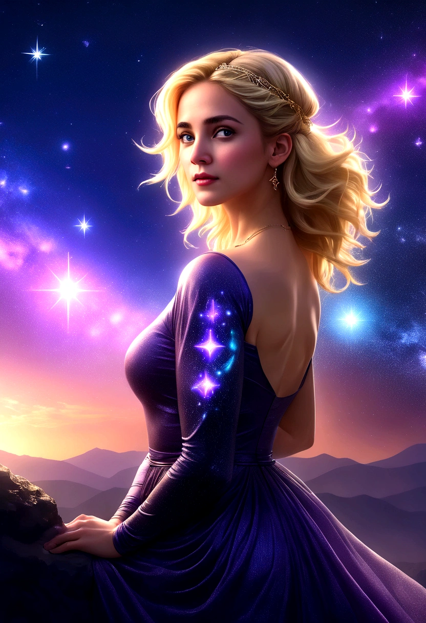 a portrait of an astrologer looking to the sky at libra constellation in the night sky, an extraordinary beautiful woman, there is magic in her eyes divining the future from the Libra constellation, blond hair, dynamic hair style, wearing an intricate dark purple dress decorated with glowing stars, she looks to the night sky seeing the ((Libra constellation in the sky: 1.5)), vibrant, Ultra-high resolution, High Contrast, (masterpiece:1.5), highest quality, Best aesthetics), best details, best quality, highres, 16k, [ultra detailed], masterpiece, best quality, (extremely detailed), Cinematic Hollywood Film, magical sky, FireMagicAI, dark novel