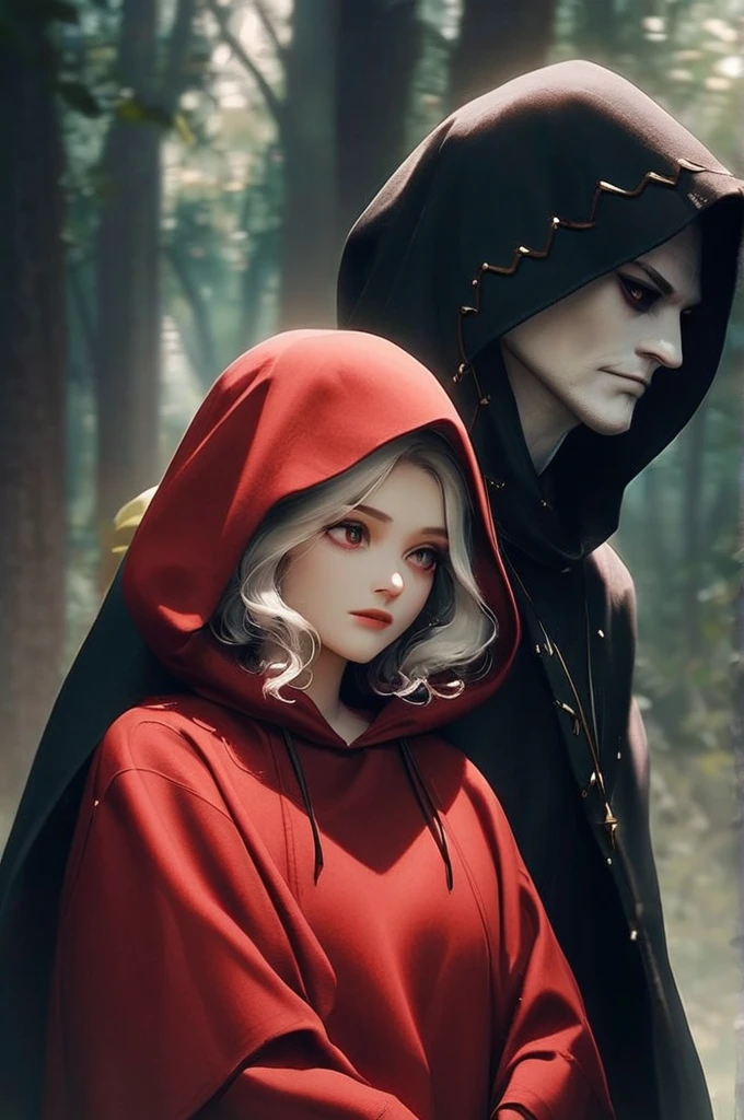 ((Лучшее качество)), ((шедевр)), (подробный), a dense forest , a red uniform on a girl , she looks into the distance , she is in a hood and her face is not visible , next to her two guards are also in a hood, darkly , majestically