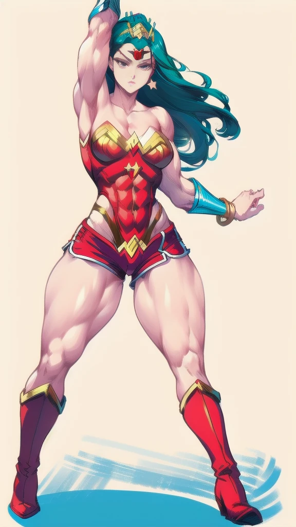 Full body image of Wonder Woman, full body in image, wearing her original outfit (red and gold bustier, blue shorts with white stars, gold tiara, bracelets, and red boots), long hair, female body, muscular and athletic body, dynamic pose, detailed pose, simple background, expressive face, focus on face, line art, sketch