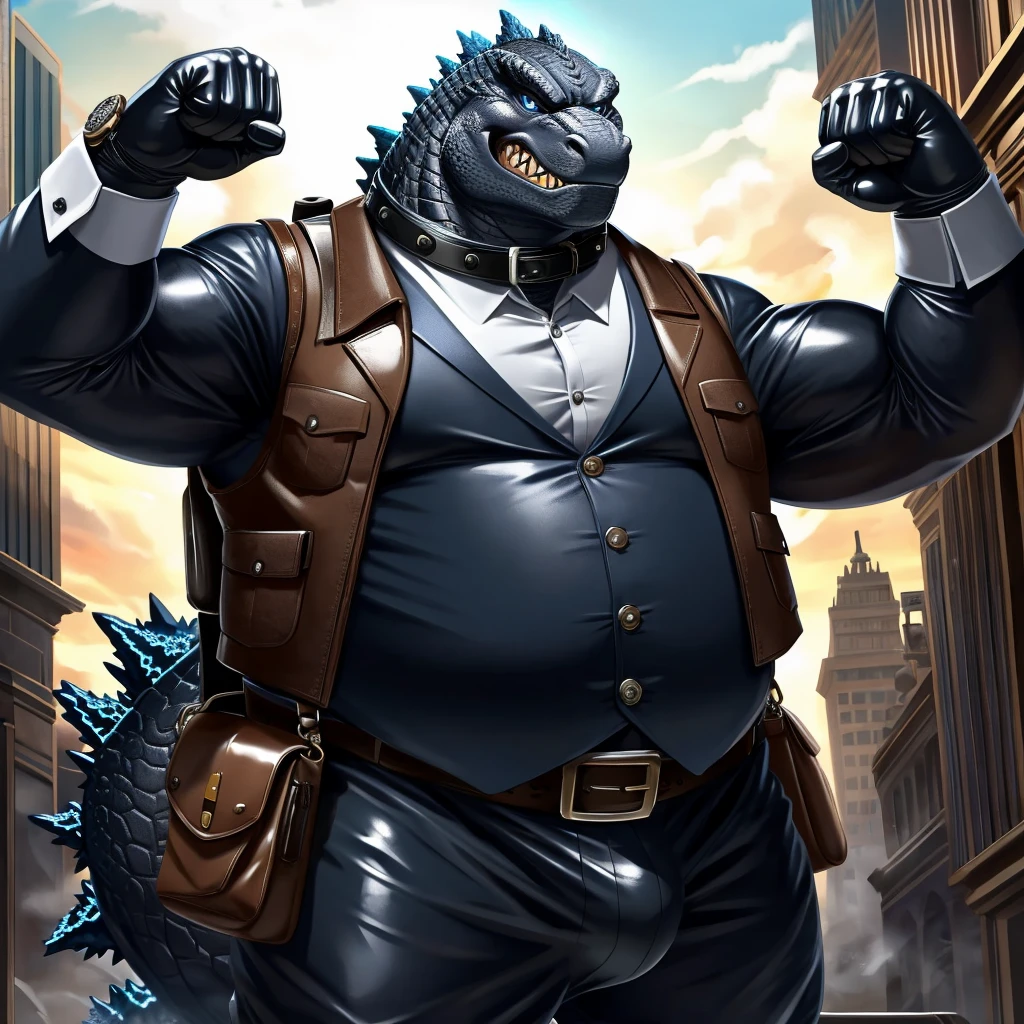 Solo, Male, fat, extremely obese, gentleman, dapper Professor Godzilla, blue eyes, (posing:1.3), (soft shading), 4k, hi res, ((detailed face, detailed)), looking at viewer, evil grin, steampunk, collared shirt with ons, top hat, male focus, Explorer Outfit, glasses, monocle, bag, vest with butt backpack, sleeves rolled up, round eyewear, brown headwear, brown vest, Godzilla is wearing a glossy leather dog collar around the neck, Godzilla is wearing the leather collar and shirt and vest at the same time, Godzilla is wearing glossy white rubber gloves on the hands, wearing white rubber gloves on the feet, Godzilla is wearing glossy white cuffs around the wrists with cufflinks, gloves are rubber in texture, clenching teeth, clenching fists, leather collar is glossy and shiny with a lot of detail, Godzilla is wearing gloves and cuffs and cufflinks at the same time, leather collar has a round dog-tag, leather collar is thick and detailed.
