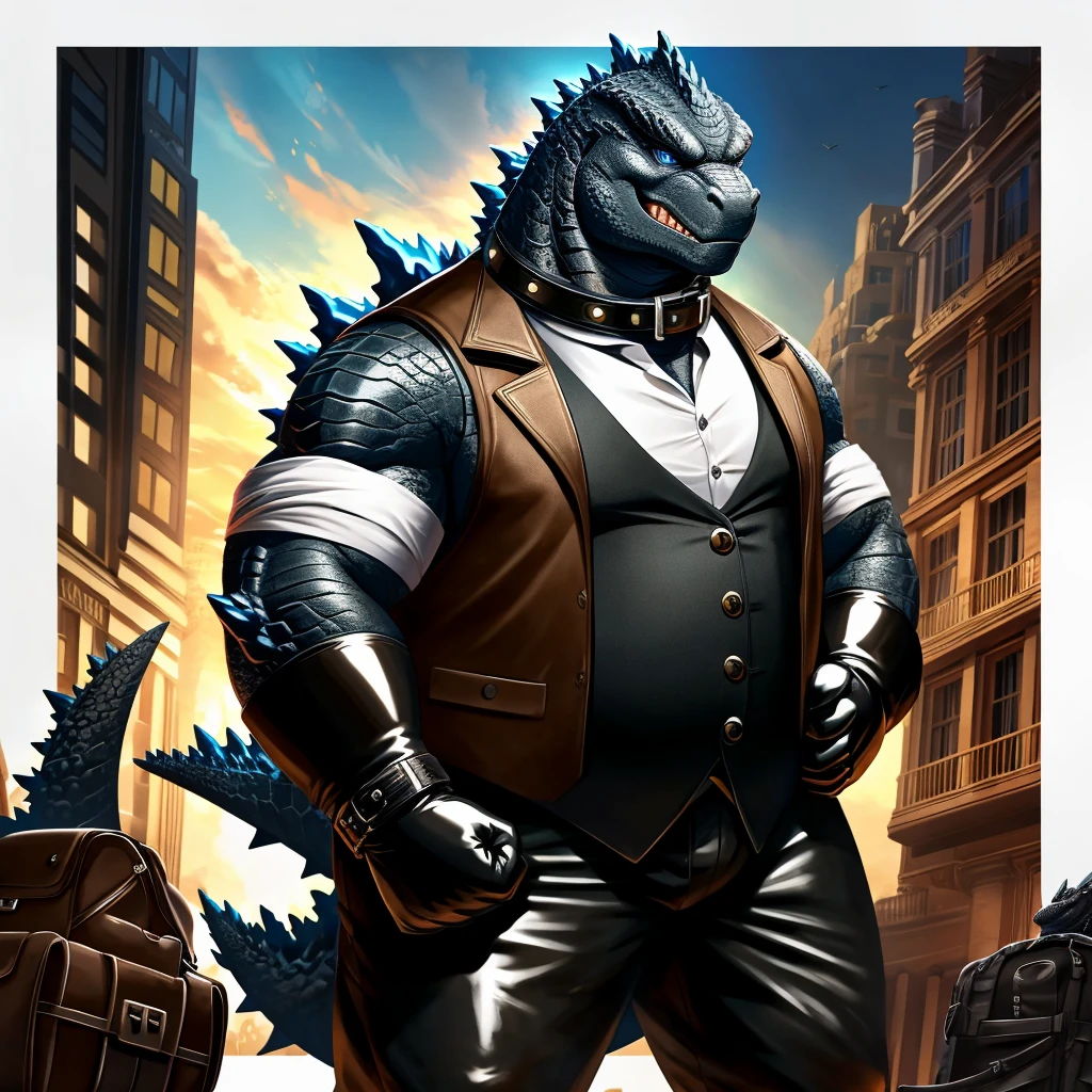 Solo, Male, fat, extremely obese, gentleman, dapper Professor Godzilla, blue eyes, (posing:1.3), (soft shading), 4k, hi res, ((detailed face, detailed)), looking at viewer, evil grin, steampunk, collared shirt with buttons, top hat, male focus, Explorer Outfit, glasses, monocle, bag, vest with buttons, backpack, sleeves rolled up, round eyewear, brown headwear, brown vest, Godzilla is wearing a glossy leather dog collar around the neck, Godzilla is wearing the leather collar and shirt and vest at the same time, Godzilla is wearing glossy white rubber gloves on the hands, wearing white rubber gloves on the feet, Godzilla is wearing glossy white cuffs around the wrists with cufflinks, gloves are rubber in texture, clenching teeth, clenching fists, leather collar is glossy and shiny with a lot of detail, Godzilla is wearing gloves and cuffs and cufflinks at the same time, leather collar has a round dog-tag, leather collar is thick and detailed.