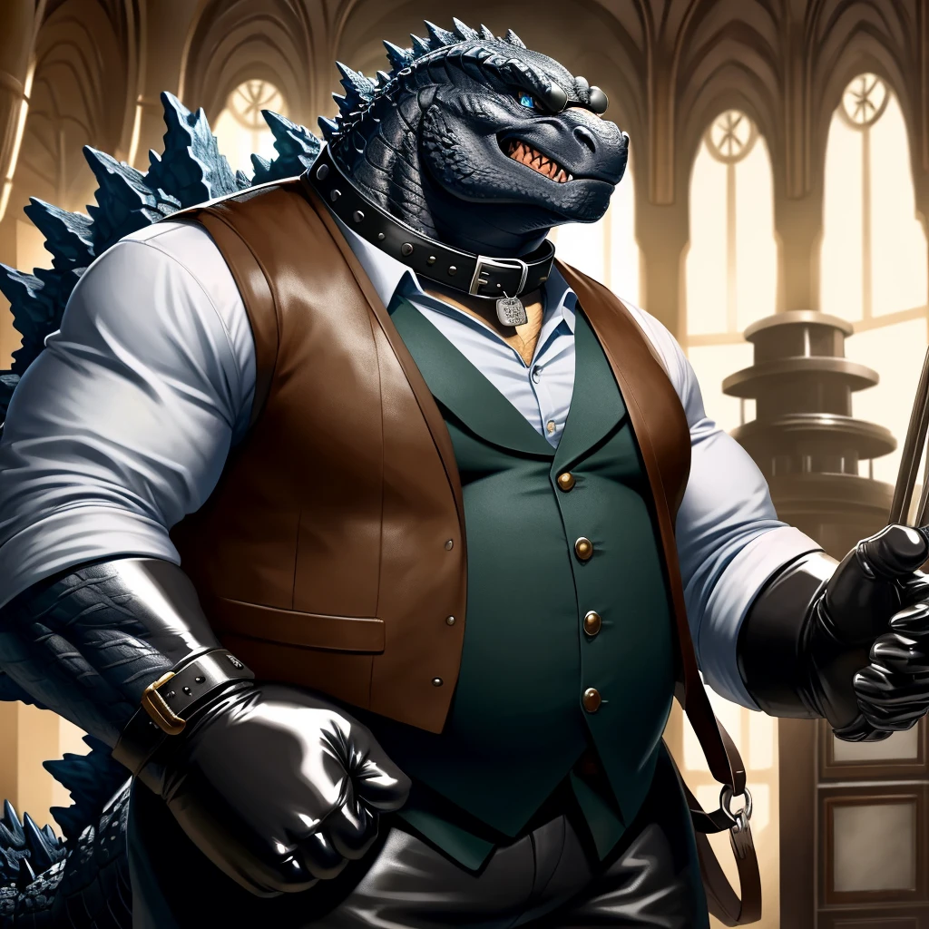 Solo, Male, fat, extremely obese, gentleman, dapper Professor Godzilla, blue eyes, (posing:1.3), (soft shading), 4k, hi res, ((detailed face, detailed)), looking at viewer, evil grin, steampunk, collared shirt with buttons, top hat, male focus, Explorer Outfit, glasses, monocle, bag, vest with buttons, backpack, sleeves rolled up, round eyewear, brown headwear, brown vest, Godzilla is wearing a glossy leather dog collar around the neck, Godzilla is wearing the leather collar and shirt and vest at the same time, Godzilla is wearing glossy white rubber gloves on the hands, wearing white rubber gloves on the feet, Godzilla is wearing glossy white cuffs around the wrists with cufflinks, gloves are rubber in texture, clenching teeth, clenching fists, leather collar is glossy and shiny with a lot of detail, Godzilla is wearing gloves and cuffs and cufflinks at the same time, leather collar has a round dog-tag, leather collar is thick and detailed.