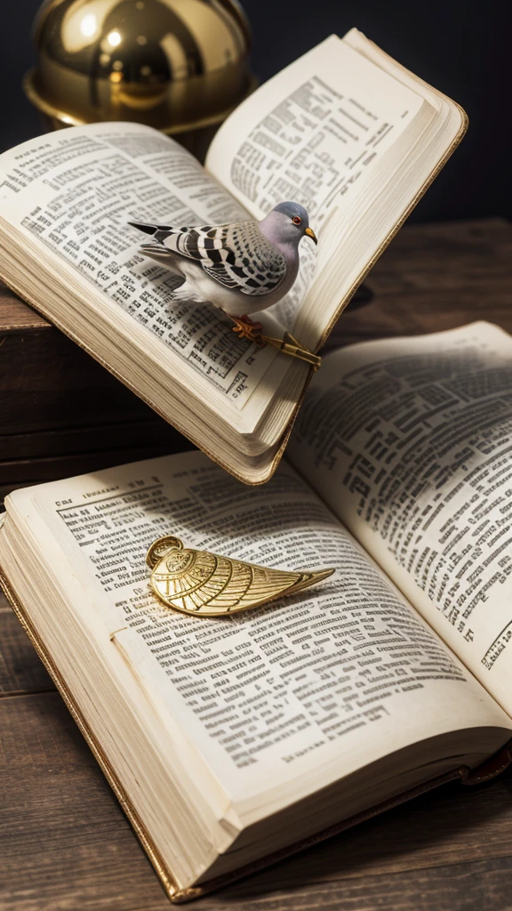 Create a golden Bible with a pigeon floating