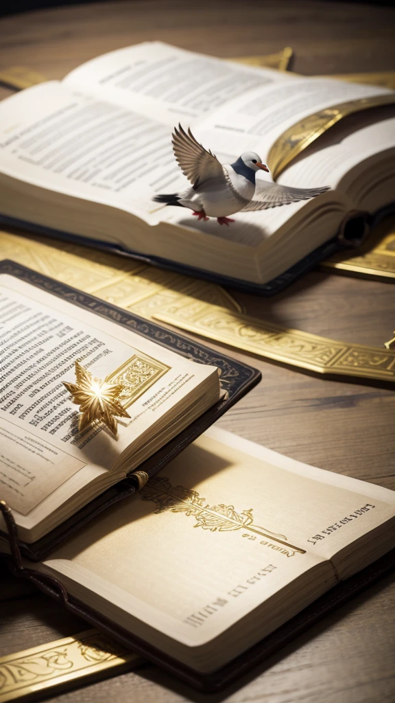Create a golden Bible with a pigeon floating