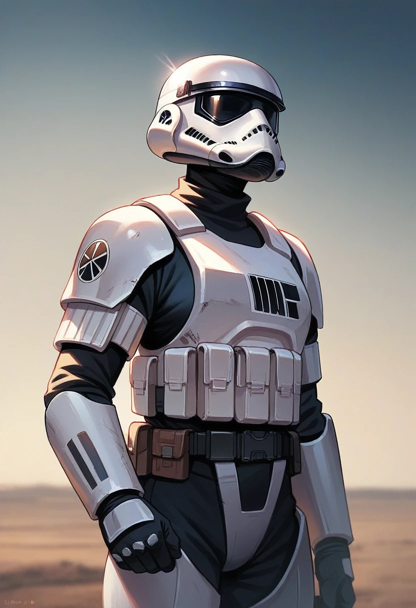 a photo of a female ELITE stormtrooper PILOT BLACK ARMOR and a pilot stormtrooper helmet with her spaceship