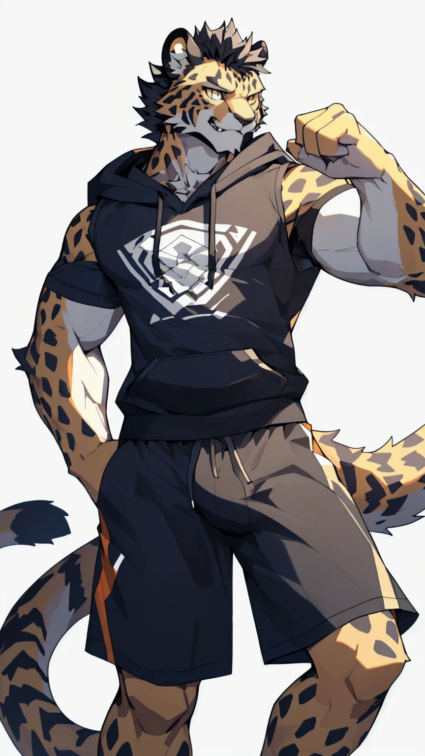 Random Background，high resolution，4K，masterpiece，high quality，Warm man，29 years old，((Cheetah))，male，((whole body:1.4，Strike a pose:1.5，fiercely:1.3，grimace in pain:1.4))，CheetahFurry，（teenager:1.5，hairy），((Moderate:1.2，short hair:1.3))，((Strong body:1.5，Long legs:1.3，big ear:1.3，Thick long tail，Long legs))，(((Grey sweatshirt，Black sports shorts)))，(((Hair:1.6，充满Moderate肌肉:1.3，Golden Eyes:1.4，Black hair:1.3，White chest:1.3，White belly:1.4，Limbs:1.4，Crotch bulge)))，Delicate eyes:1.6，Fine details，Detailed body，（Detailed hand details:1.4）