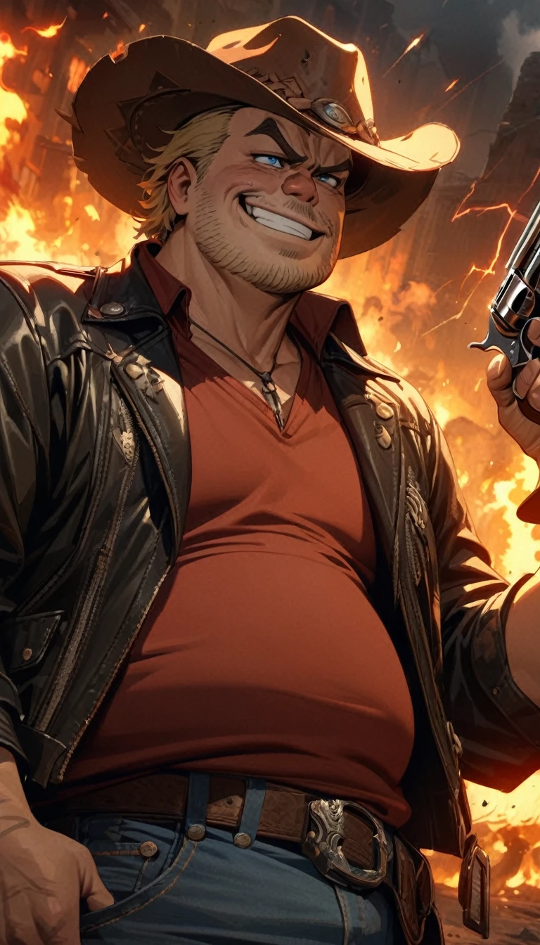 Adult guy, short blonde hair, small beard, blue eyes, cowboy hat, black leather jacket, red T-shirt, jeans, revolver, smirk, fat guy, fire, lightning, cigar, Masterpiece, best quality, Full HD, 8k, ultra details, great graphic