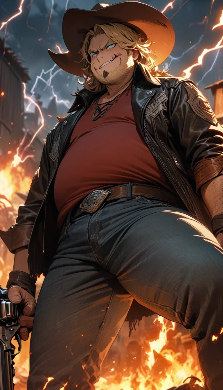 Adult guy, short blonde hair, small beard, blue eyes, cowboy hat, black leather jacket, red T-shirt, jeans, revolver, smirk, fat guy, fire, lightning, cigar, Masterpiece, best quality, Full HD, 8k, ultra details, great graphic