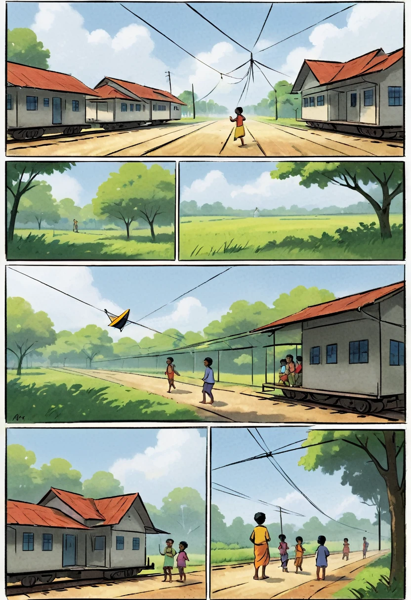 Title: "A Moment of Caution"

Panel 1: (Peaceful village railway station in Kerala, India. Four children are playing and laughing.)

Narrator (Text Box): In a quiet village in Kerala, children played joyfully near the railway station.

Panel 2: (The children are flying a colorful kite. The kite gets trapped in the electric line above.)

Narrator (Text Box): Their kite soared high until it got tangled in the electric line.

Panel 3: (Close-up of one child looking determined, pointing to the kite.)

Narrator (Text Box): One brave  decided to get the kite back.

Panel 4: (The  starts climbing a nearby structure to reach the kite, friends watching in anticipation.)

Panel 5: (Sudden bright flash as the  touches the electric line, expressions of shock on the friends' faces.)

Narrator (Text Box): In an instant, tragedy struck.

Panel 6: (Somber scene with the friends in shock, looking at the electric line. A message appears in a text box on the bottom of the panel.)

Text Box: "Electric lines are deadly. Stay away. Keep safe."

Narrator (Text Box): Awareness can save lives. Stay away from railway electric lines.