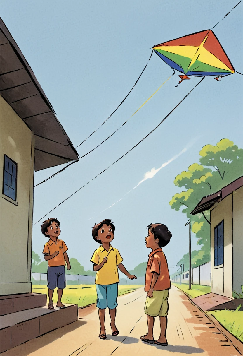 Title: "A Moment of Caution"

Panel 1: (Peaceful village railway station in Kerala, India. Four children are playing and laughing.)

Narrator (Text Box): In a quiet village in Kerala, children played joyfully near the railway station.

Panel 2: (The children are flying a colorful kite. The kite gets trapped in the electric line above.)

Narrator (Text Box): Their kite soared high until it got tangled in the electric line.

Panel 3: (Close-up of one child looking determined, pointing to the kite.)

Narrator (Text Box): One brave  decided to get the kite back.

Panel 4: (The  starts climbing a nearby structure to reach the kite, friends watching in anticipation.)

Panel 5: (Sudden bright flash as the  touches the electric line, expressions of shock on the friends' faces.)

Narrator (Text Box): In an instant, tragedy struck.

Panel 6: (Somber scene with the friends in shock, looking at the electric line. A message appears in a text box on the bottom of the panel.)

Text Box: "Electric lines are deadly. Stay away. Keep safe."

Narrator (Text Box): Awareness can save lives. Stay away from railway electric lines.