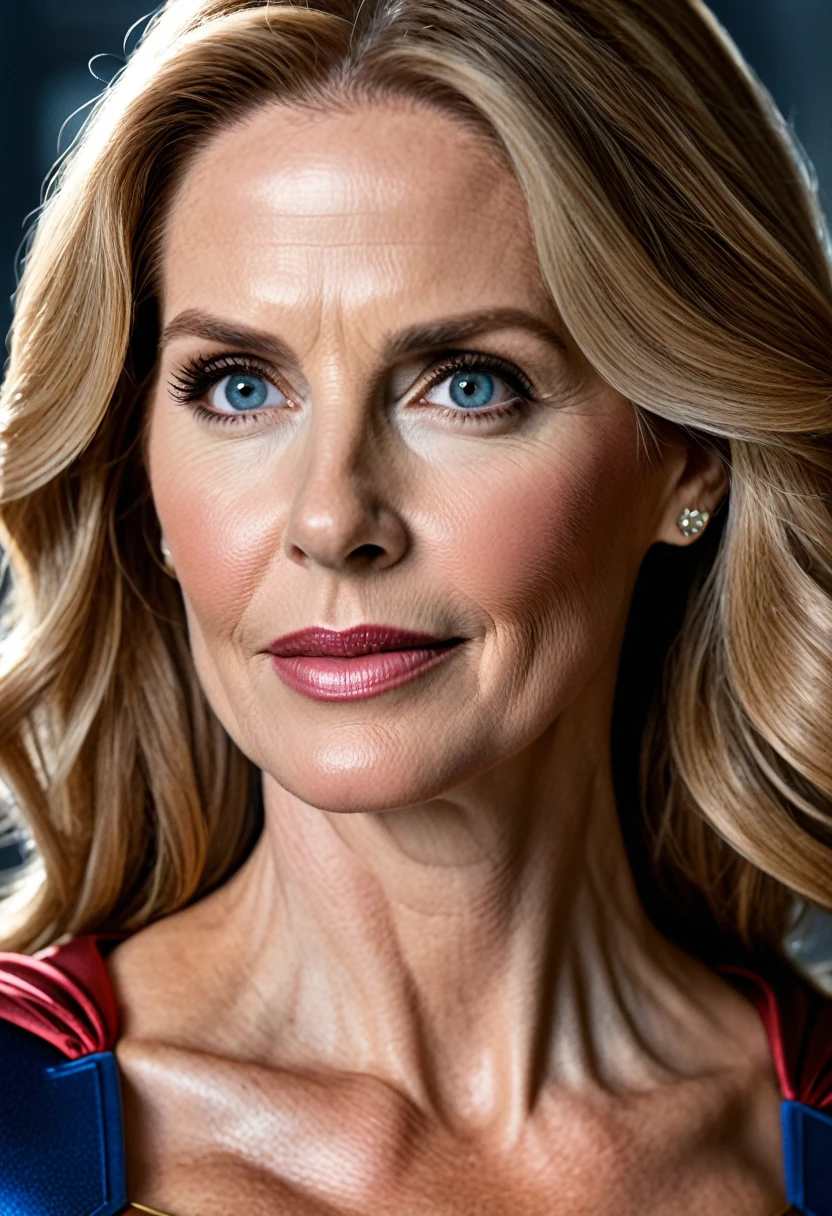Close-up; Supergirl Julie Hagerty ; HD. Photograph, ((realism)), extremely high quality RAW photograph, ultra detailed photograph, sharp focus, high resolution, (detailed skin:1,3),high quality, film grain, Fujifilm XT3,Highly Detailed, movie, (Cinematic Photo:1.3) of (Realistic:1.3)