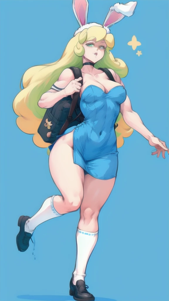 Full body image of Fiona from Fiona and Cake (Adventure Time), full body in image, wearing her original outfit (blue dress, white knee-high socks, black shoes, white bunny ear hat, and blue backpack), long blonde hair, female body, slender and athletic body, dynamic pose, detailed pose, simple background, expressive face showing excitement, focus on face, line art, sketch