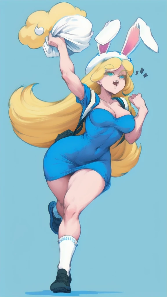 Full body image of Fiona from Fiona and Cake (Adventure Time), full body in image, wearing her original outfit (blue dress, white knee-high socks, black shoes, white bunny ear hat, and blue backpack), long blonde hair, female body, slender and athletic body, dynamic pose, detailed pose, simple background, expressive face showing excitement, focus on face, line art, sketch
