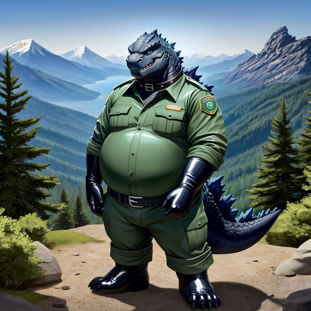 solo, full body, Male, fat, extremely obese, Godzilla, park ranger, trousers, outdoor, park ranger uniform, collared shirt with buttons, blue eyes, (soft shading), 4k, hi res, ((detailed face, detailed)), looking at viewer, evil grin, Godzilla is wearing the collared shirt and leather collar at the same time, Godzilla is wearing a glossy leather dog collar around the neck, Godzilla is wearing white rubber gloves on the hands, white rubber gloves on the feet, gloves are rubber in texture, leather collar is shiny, leather collar is extremely detailed, rubber gloves are glossy, Evergreen pine forest and mountains national park in the background, Environmental protection area.