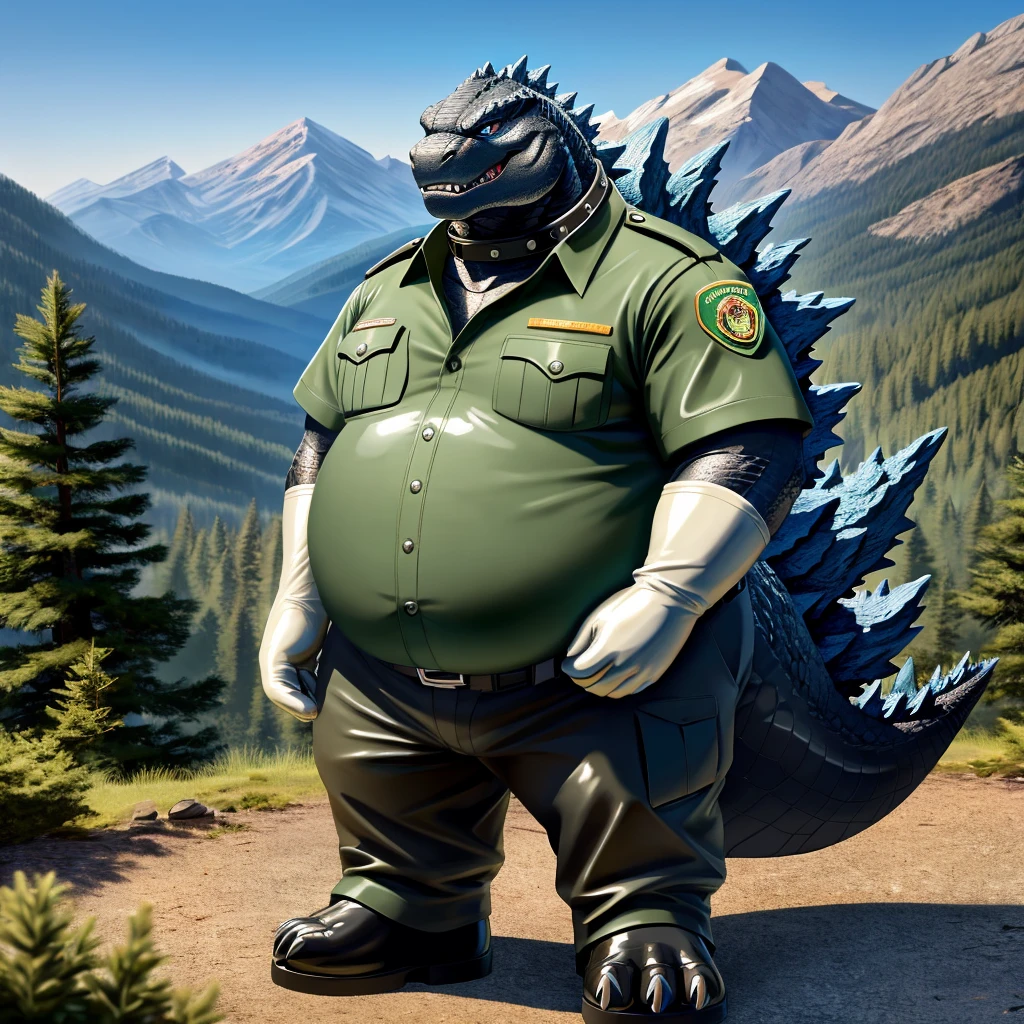 solo, full body, Male, fat, extremely obese, Godzilla, park ranger, trousers, outdoor, park ranger uniform, collared shirt with buttons, blue eyes, (soft shading), 4k, hi res, ((detailed face, detailed)), looking at viewer, evil grin, Godzilla is wearing the collared shirt and leather collar at the same time, Godzilla is wearing a glossy leather dog collar around the neck, Godzilla is wearing white rubber gloves on the hands, white rubber gloves on the feet, gloves are rubber in texture, leather collar is shiny, leather collar is extremely detailed, rubber gloves are glossy, Evergreen pine forest and mountains national park in the background, Environmental protection area.