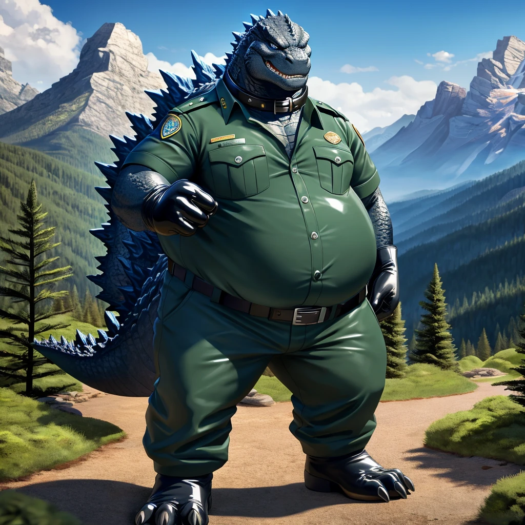solo, full body, Male, fat, extremely obese, Godzilla, park ranger, trousers, outdoor, park ranger uniform, collared shirt with buttons, blue eyes, (soft shading), 4k, hi res, ((detailed face, detailed)), looking at viewer, evil grin, Godzilla is wearing the collared shirt and leather collar at the same time, Godzilla is wearing a glossy leather dog collar around the neck, Godzilla is wearing white rubber gloves on the hands, white rubber gloves on the feet, gloves are rubber in texture, leather collar is shiny, leather collar is extremely detailed, rubber gloves are glossy, Evergreen pine forest and mountains national park in the background, Environmental protection area.