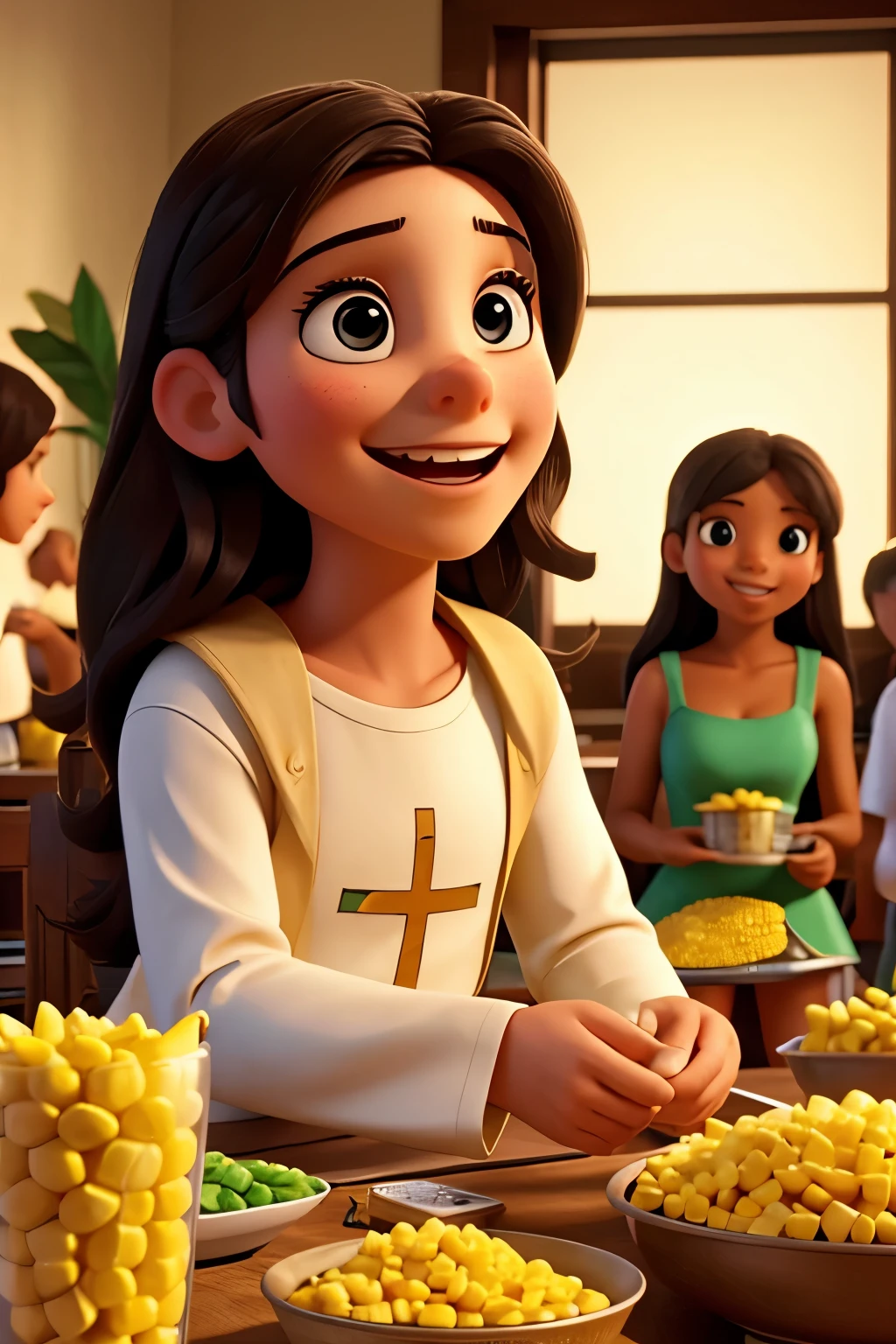 jesus, glad, at the party, with friends, on desk, eating corn