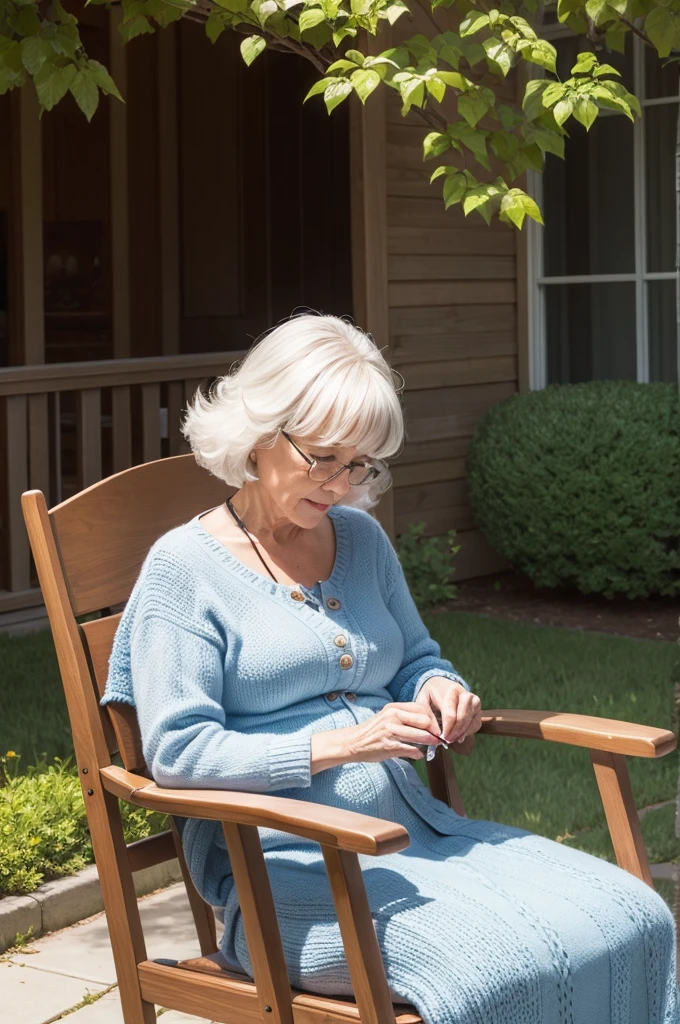 A lady knitting, in a rocking chair,plein-air