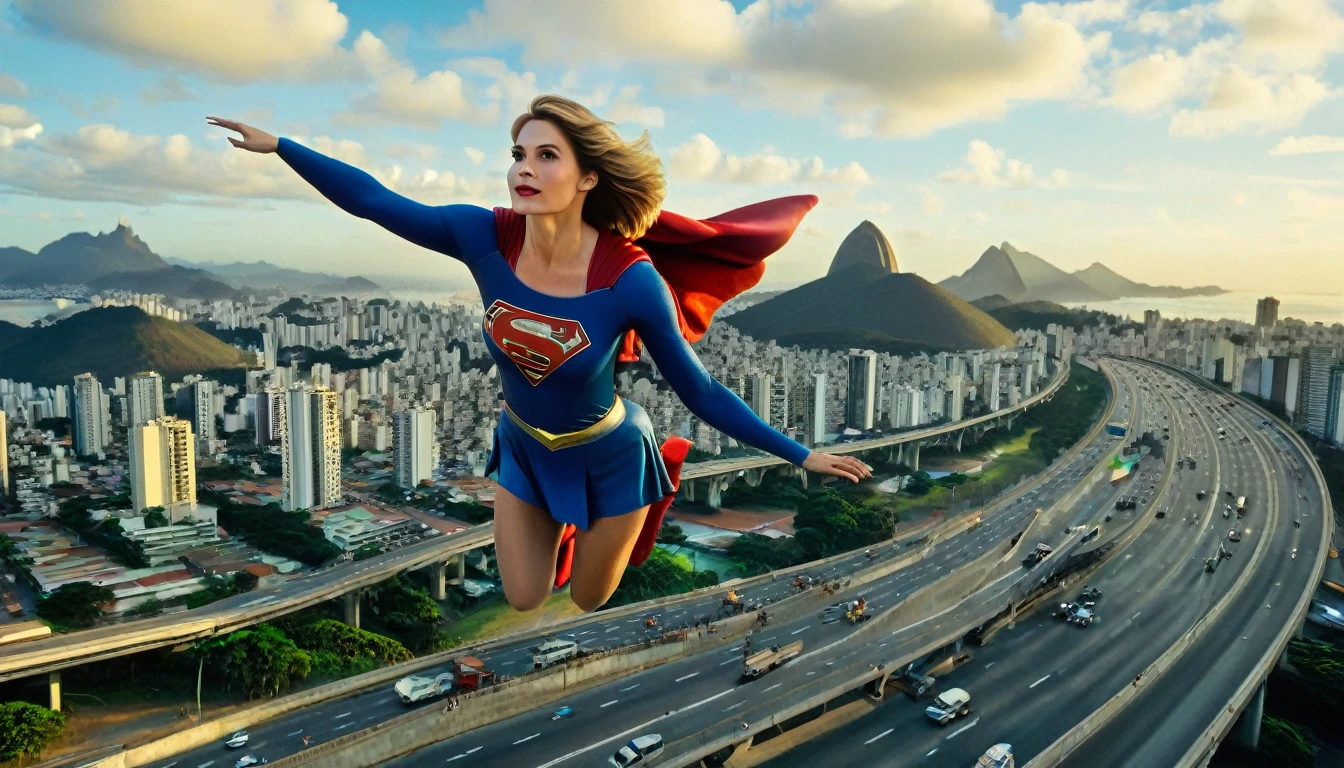 Rio de Janeiro 2024 panoramic view; flying with determination; faster than a jet; Julie Hagerty  ((without glasses))) Supergirl 1984s costume (((50 years old; short hair))); determined, confident, imposing woman; airbender; floating above the  highway(((Região dos Lagos))); (heavy traffic; satellite view); superhero pose flying through the skies 