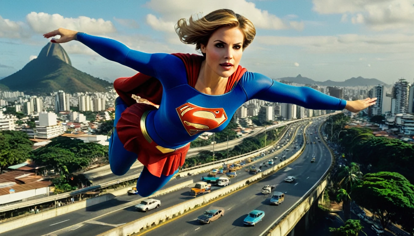 Rio de Janeiro 2024 panoramic view; flying with determination; faster than a jet; Julie Hagerty ((without glasses))) Supergirl 1984s costume (((50 years old; short hair))); determined, confident, imposing woman; airbender; floating above the highway(((Região dos Lagos))); (heavy traffic; satellite view); superhero pose flying through the skies