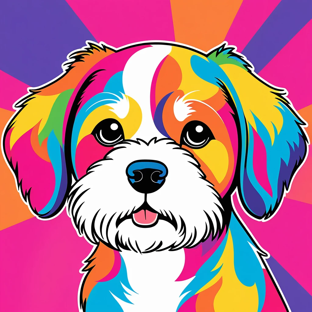 cute dog, illustration, vector graphics, strong contours, colorful background
