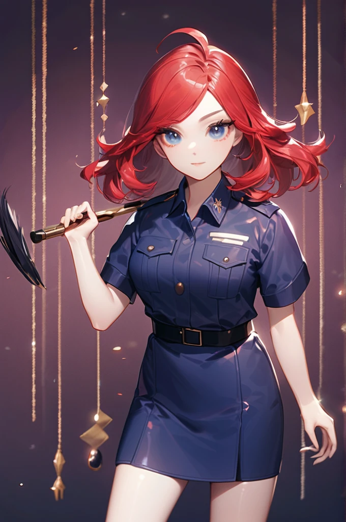 ((Лучшее качество)), ((шедевр)), (подробный), a full-length girl with gray-blue eyes with lush eyelashes, long red hair, in a police uniform and with a baton