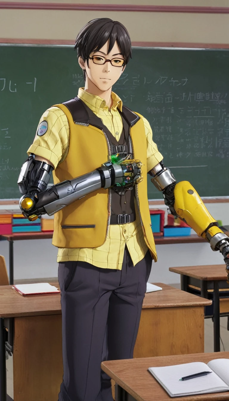 The image features a male anime character with a cyborg arm, wearing a yellow shirt, vest, and glasses, standing in a classroom with a chalkboard and desks.