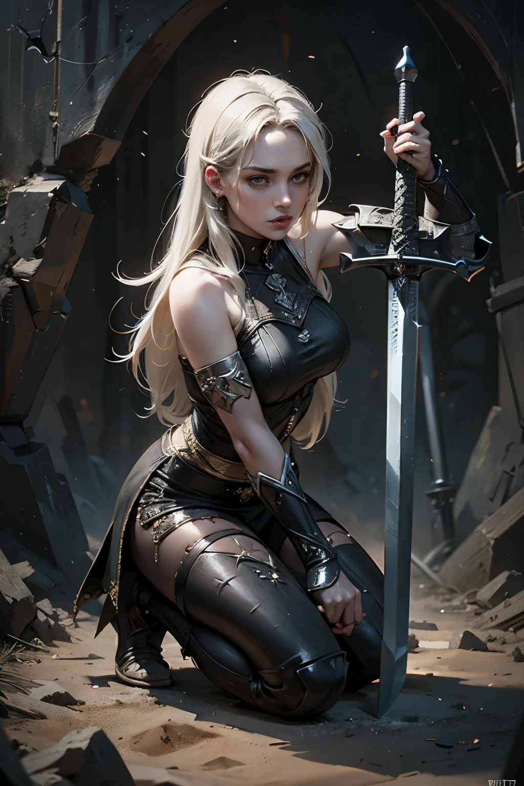 Girl on tounic, crusader logo.  Curvy hairs. Fight pose, hold sword, ((the sword iron with black patterns)), in the  ruined cursed cave, old bobes  skekets and old dead around on ground , good quality, detailed, rendered face, rendered, best art, madterpiese, Pro quality, best variation