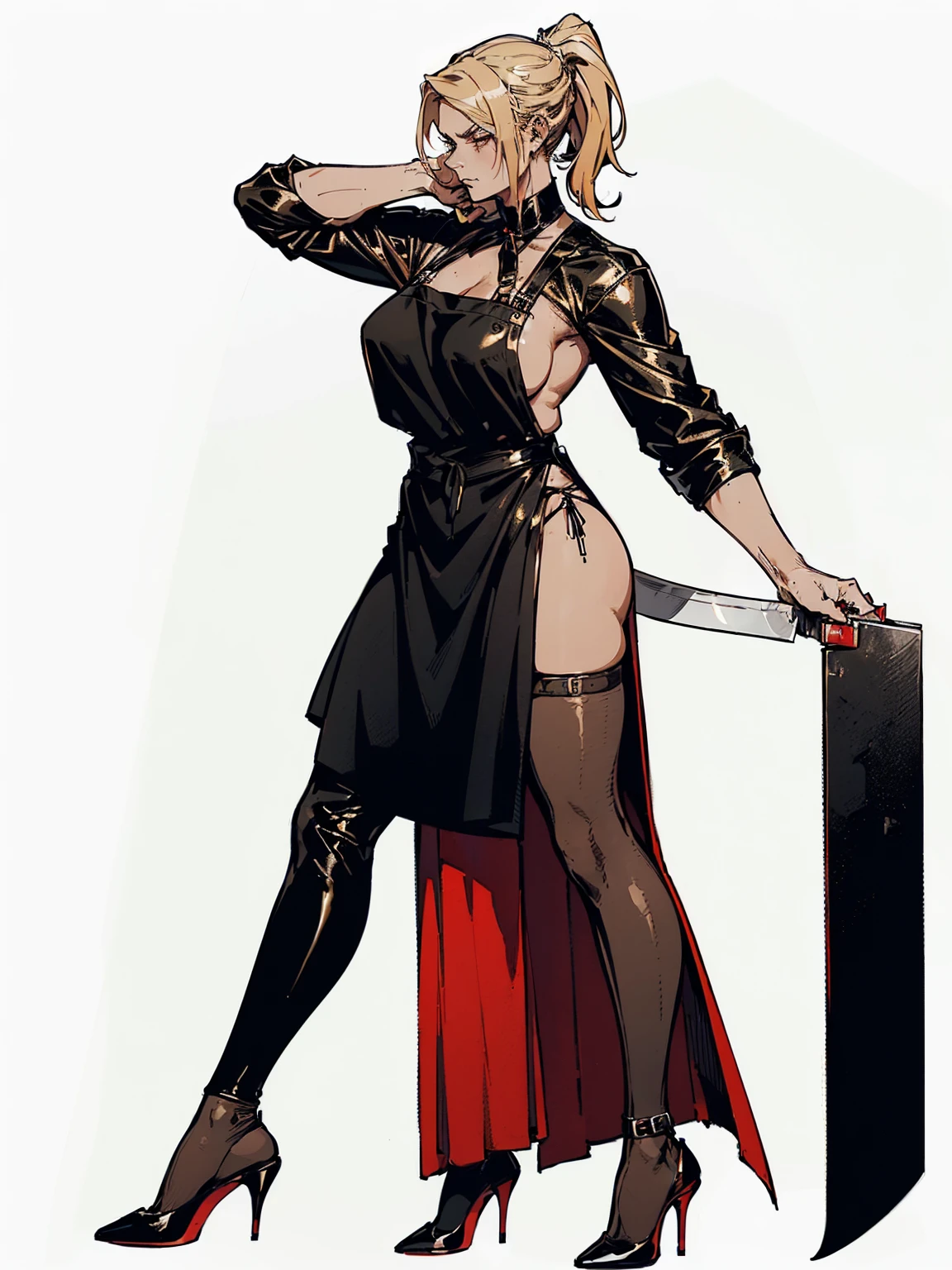 (mature woman, butcher), (fancy appearance, simple clothing:1.2), blonde pixie with a long ponytail, ((black suit, large black leather apron, red high heels wielding a meat cleaver)), (standing tall in with a stern look), (((white background)))