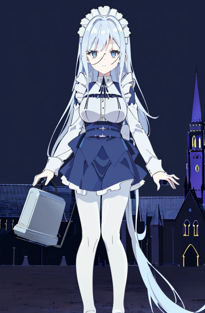 ((cathedral background)),1 girl,blue hair, plump and slender girl, (girl wearing white shirt, black wrinkled skirt, with black transparent pantyhose), ((blue medium hair)),((White Maid Costume)),blue eyes,((whole body)),whole body,((White Maid Costume)),((White Maid Costume)),evil smile,((cathedral background)),((cathedral background)),