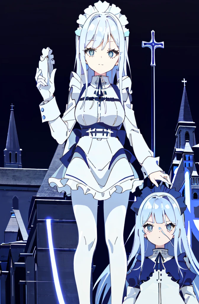 ((cathedral background)),1 girl,blue hair, plump and slender girl, (girl wearing white shirt, black wrinkled skirt, with black transparent pantyhose), ((blue medium hair)),((White Maid Costume)),blue eyes,((whole body)),whole body,((White Maid Costume)),((White Maid Costume)),evil smile,((cathedral background)),((cathedral background)),