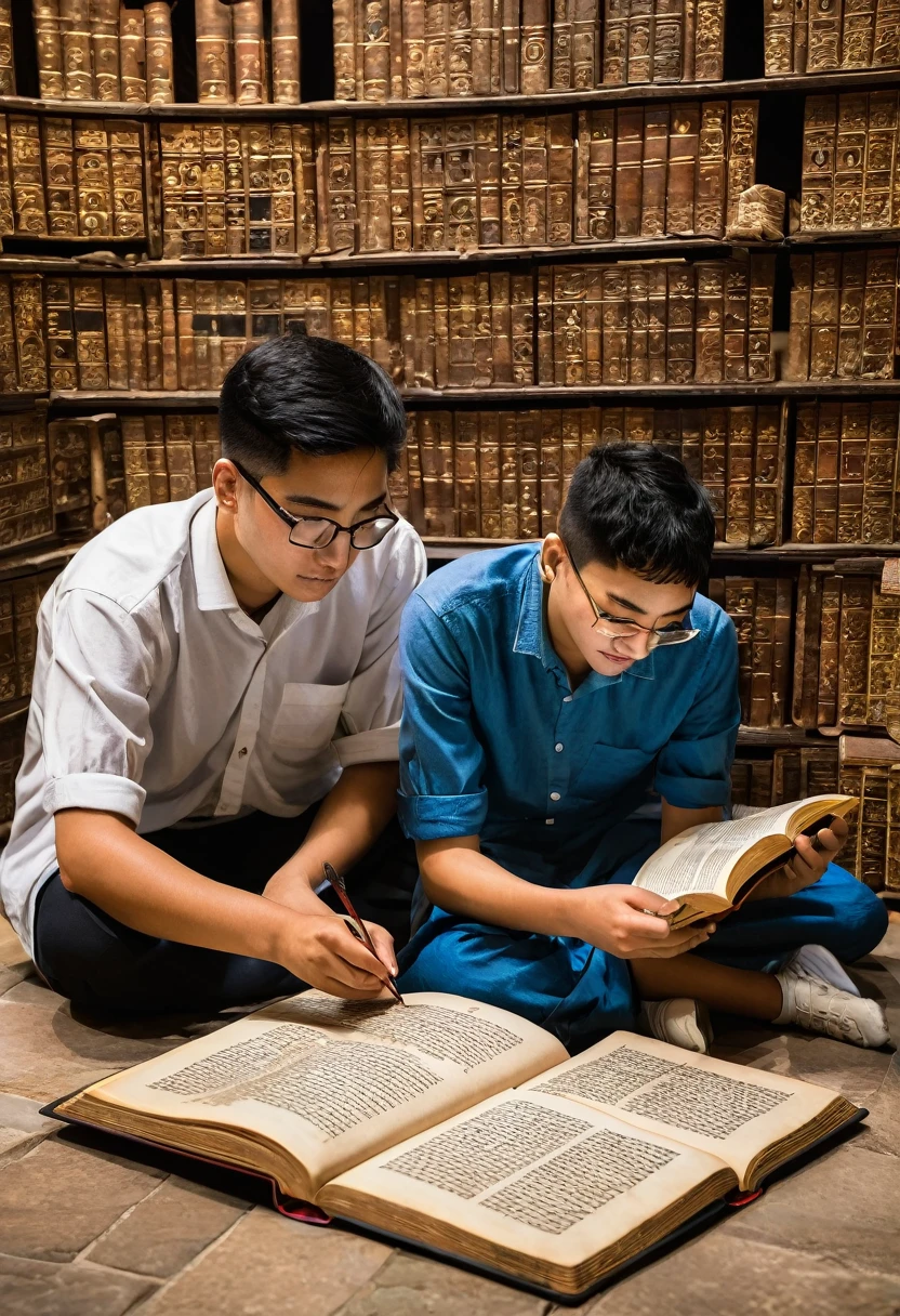 Library Scene: A serene library setting with rows of bookshelves. A girl looking curiously at a boy who is deeply engrossed in reading an old, dusty book.