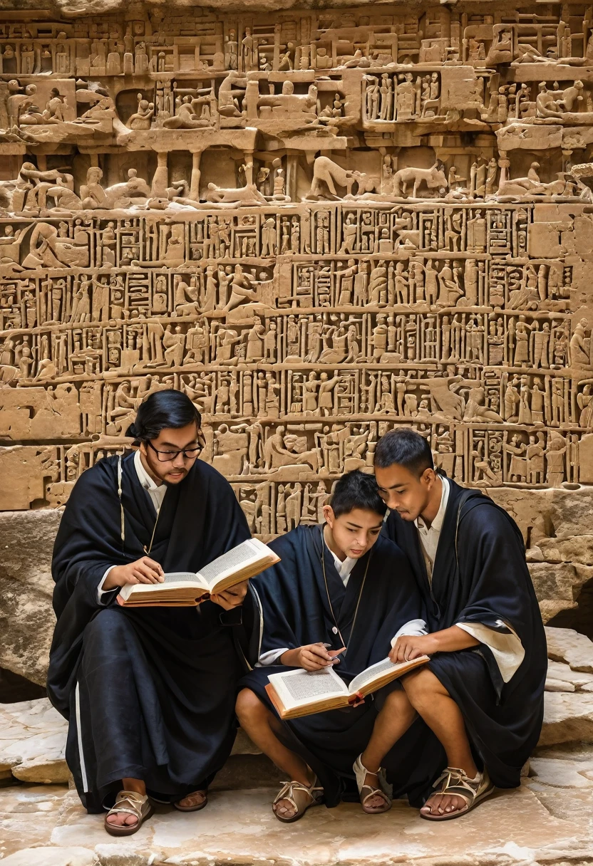 scholars reading and analyzing ancient texts