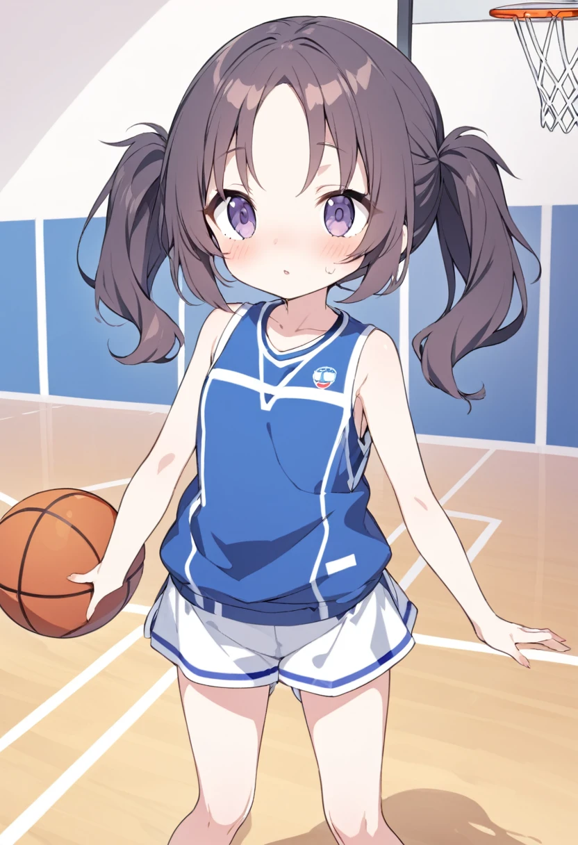 nsfw,
Poorly built, short girl in mini-basketball uniform
Twin-tail hair
Gymnasium with basketball goal