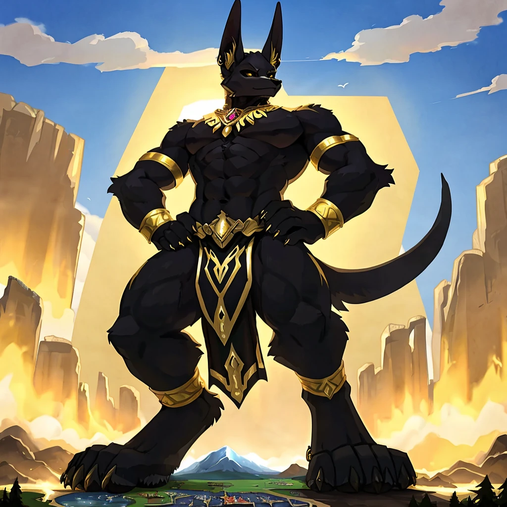 birds-eye view, macro furry,anthro,
Jackal, jackla ears,jackal tail, dark black fur, gold markings, black dreadlocks, black sclera, gold pupil, standing over a tiny continent on earth, looking down at ground, hands on hips,
wearing black loincloth with a giant bulge, gold jewelry, gold anklets,
sunny day, giant attacking tiny continent, giga-sized character, size difference, macro, macro furry, slim body, twink body, alone, digitigrade, 