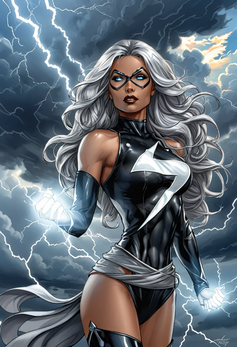 She is a tall, athletic woman with long silver hair., that glows slightly when he uses his powers. His eyes change color depending on his emotional state and the weather phenomena he manipulates., from a calm sky blue to a stormy gray. Her heroine outfit is black and white., with silver details reminiscent of lightning and clouds.