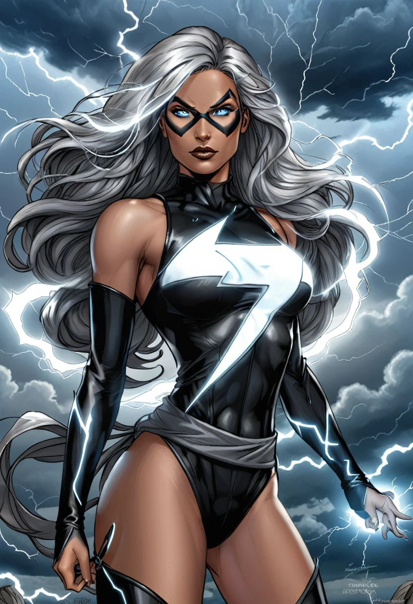 She is a tall, athletic woman with long silver hair., that glows slightly when he uses his powers. His eyes change color depending on his emotional state and the weather phenomena he manipulates., from a calm sky blue to a stormy gray. Her heroine outfit is black and white., with silver details reminiscent of lightning and clouds.