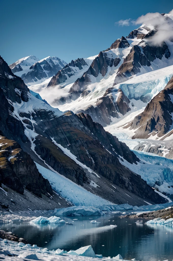 a stunning landscape of Lamplugh Glacier in Alaska, serene snow-capped mountains, pristine glacial lake, dramatic lighting, atmospheric fog, lush evergreen forests, rugged rocky cliffs, beautiful detailed sky, vibrant colors, dramatic lighting, cinematic composition, highly detailed, photorealistic, 8k, hyperrealistic, masterpiece