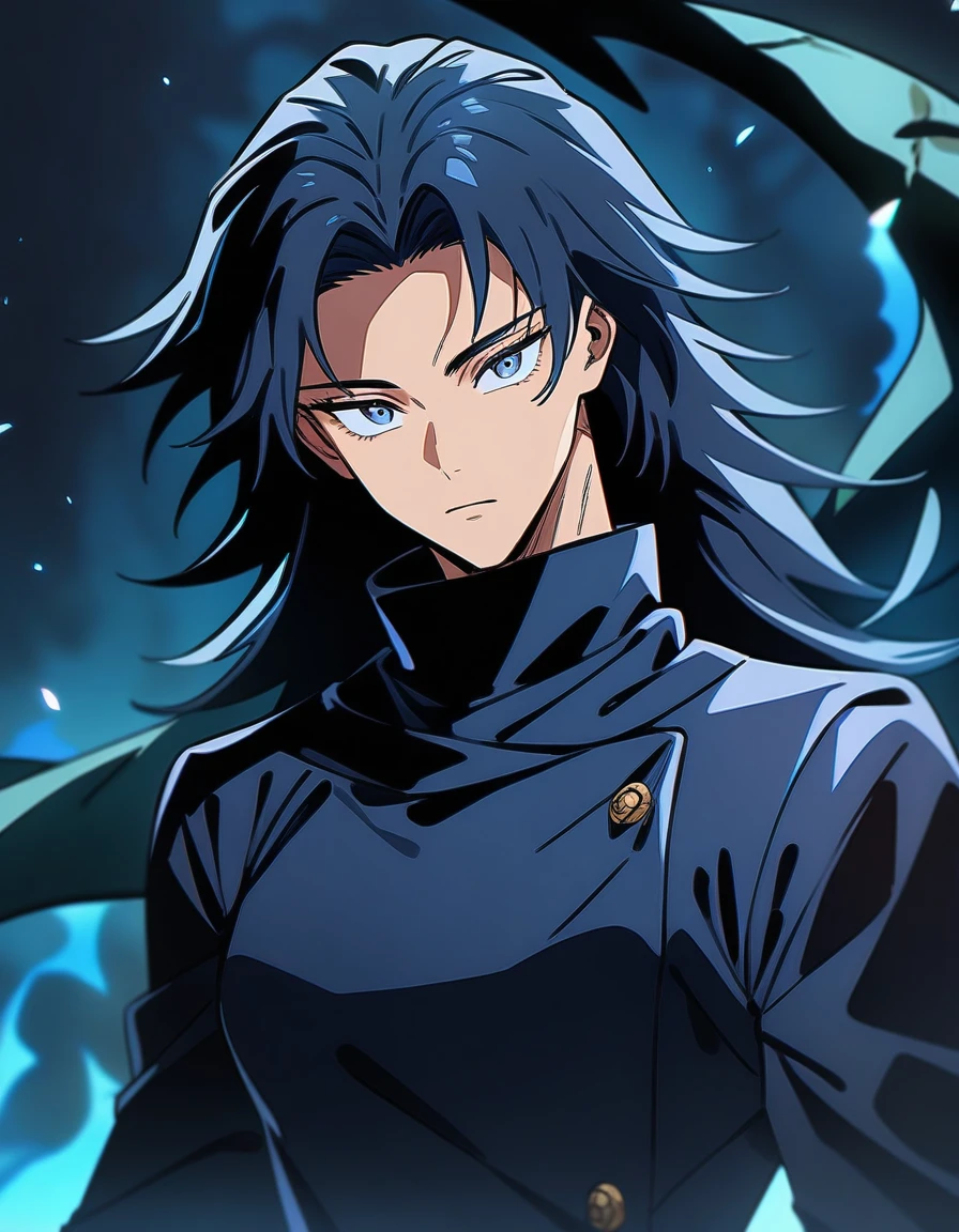 (shark curse,jujutsu kaisen artstyle), dark blue eye color, masterpiece, best quality, high quality, upper body,
