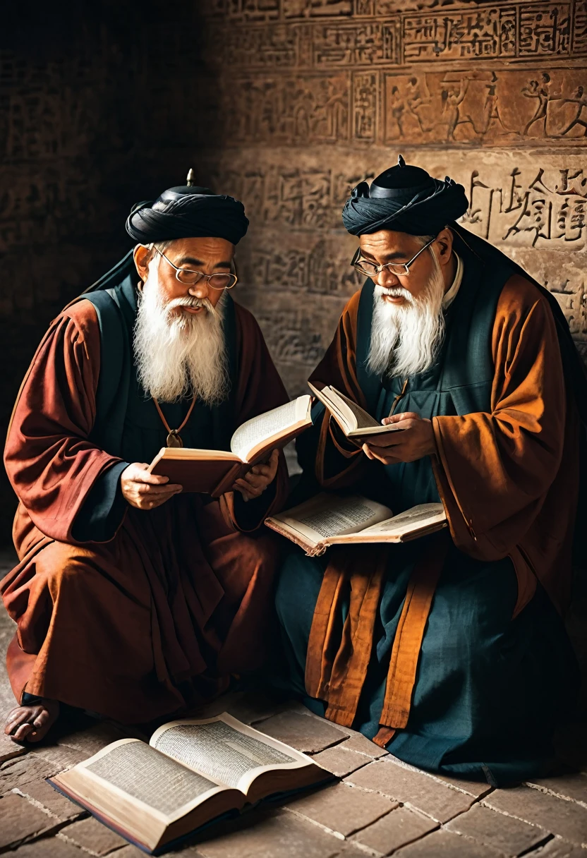 old scholars reading and analyzing ancient texts