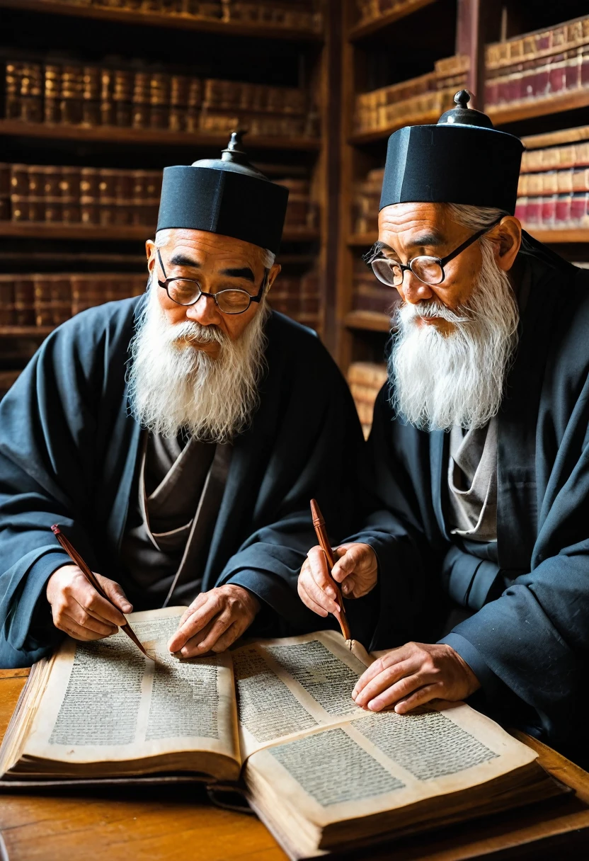 old scholars reading and analyzing ancient texts