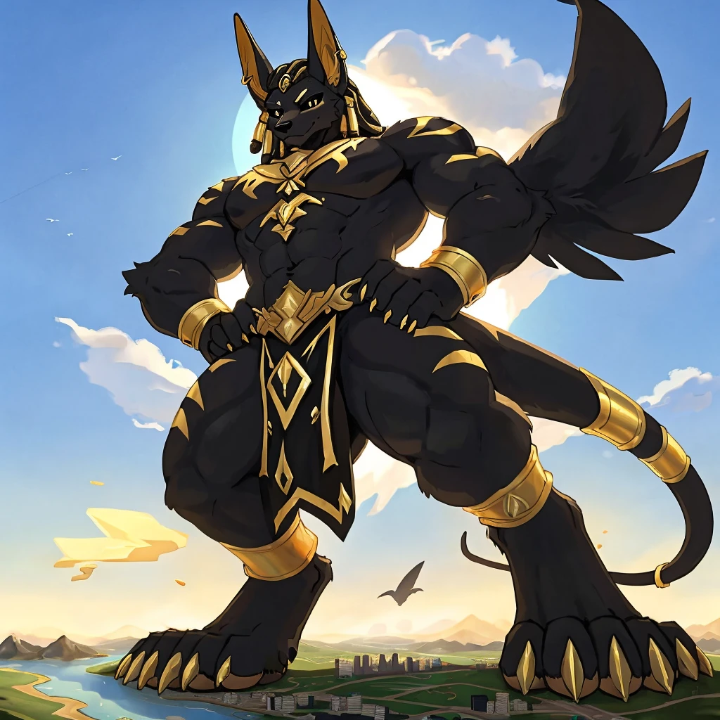 birds-eye view, macro furry,anthro,
Jackal, jackla ears,jackal tail, dark black fur, gold markings, black dreadlocks, black sclera, gold pupil, standing over a tiny continent on earth, looking down at ground, hands on hips,
wearing black loincloth with a giant bulge, gold jewelry, gold anklets,
sunny day, giant attacking tiny continent, giga-sized character, size difference, macro, macro furry, slim body, twink body, alone, digitigrade, 