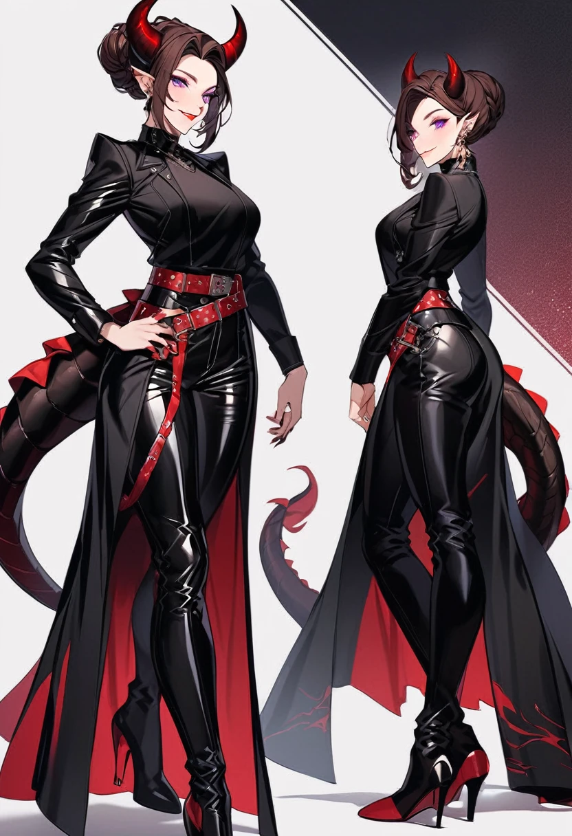 Tall woman, cheeky smile, brunette, hair gathered in a low bun, strands on the sides of face, red and black clothes, purple eyes, dragon tail and horns, belts, pants, light lipstick, high heels leather boots