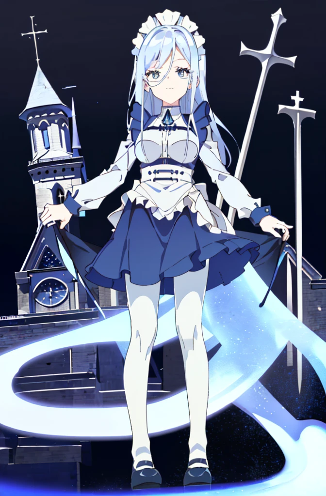 ((cathedral background)),1 girl,blue hair, plump and slender girl, (girl wearing white shirt, black wrinkled skirt, with black transparent pantyhose), ((blue medium hair)),((White Maid Costume)),blue eyes,((whole body)),whole body,((White Maid Costume)),((White Maid Costume)),evil smile,((cathedral background)),((cathedral background)),